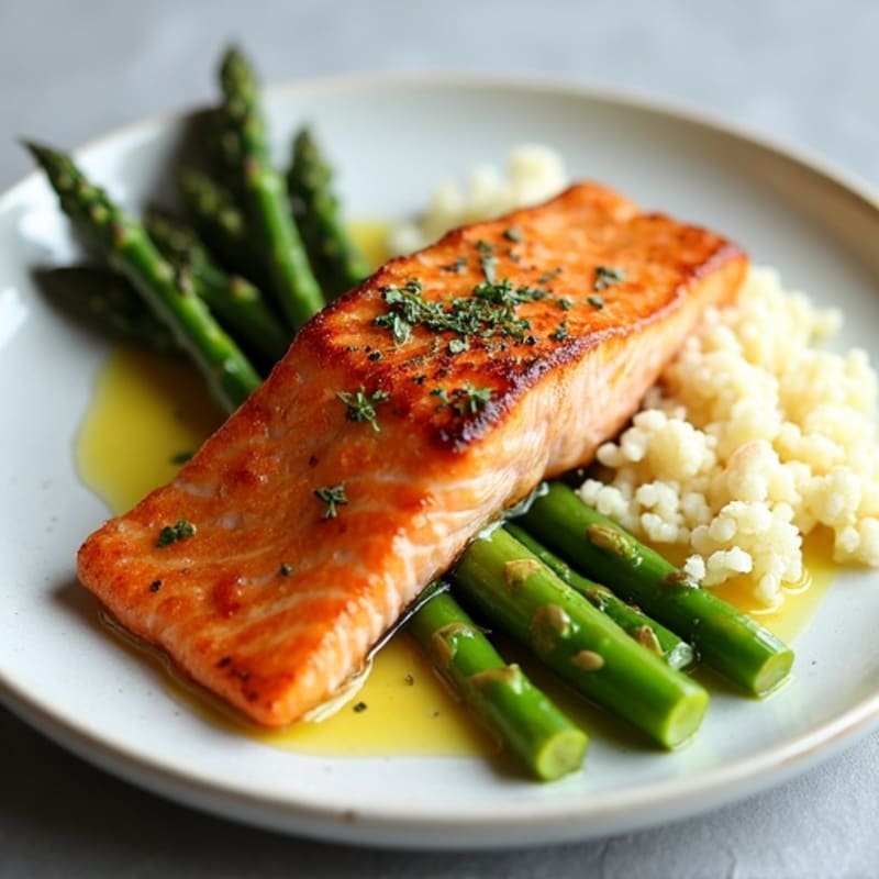 Seared Salmon with Roasted Asparagus and Cauliflower Rice