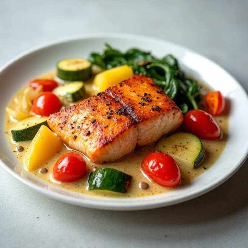 Crispy Skin Salmon with Creamy Coconut Curry Vegetables
