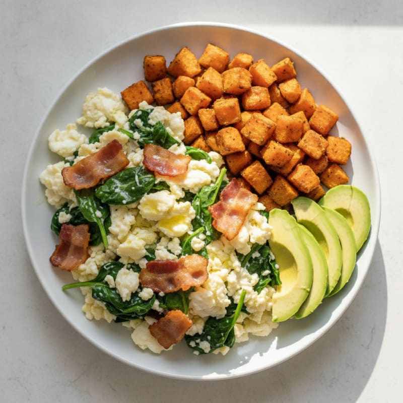 Crispy Turkey Bacon and Egg White Scramble with Sautéed Spinach