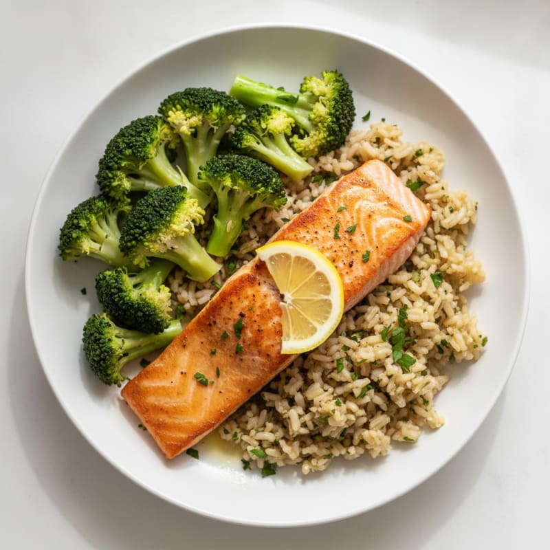 Seared Salmon with Steamed Broccoli and Herb Rice