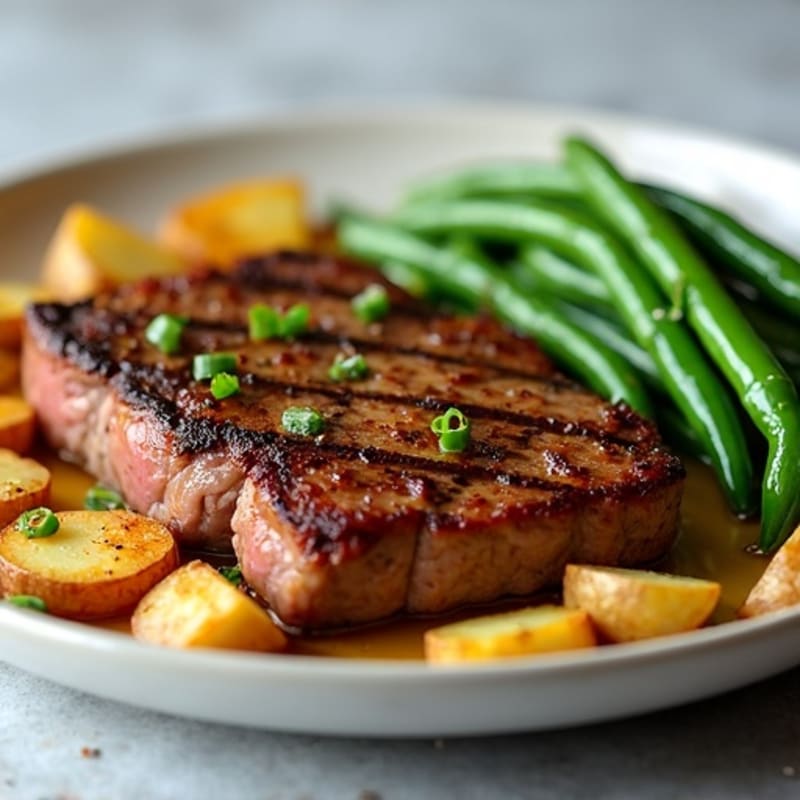 Pan-Seared Steak with Crispy Garlic Roasted Potatoes and Tender Green Beans