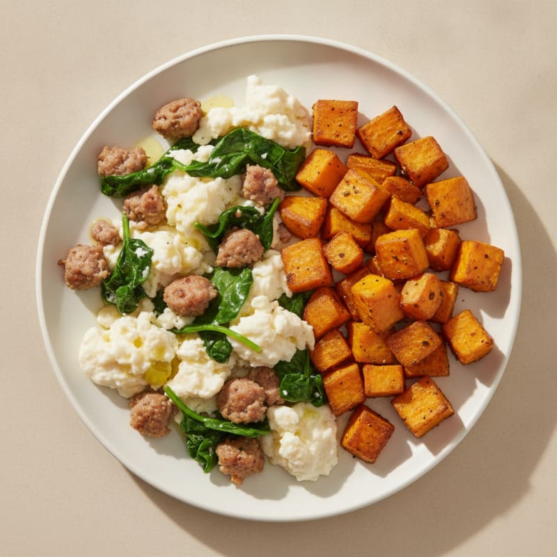 Egg White and Turkey Sausage Scramble with Spinach and Roasted Sweet Potatoes