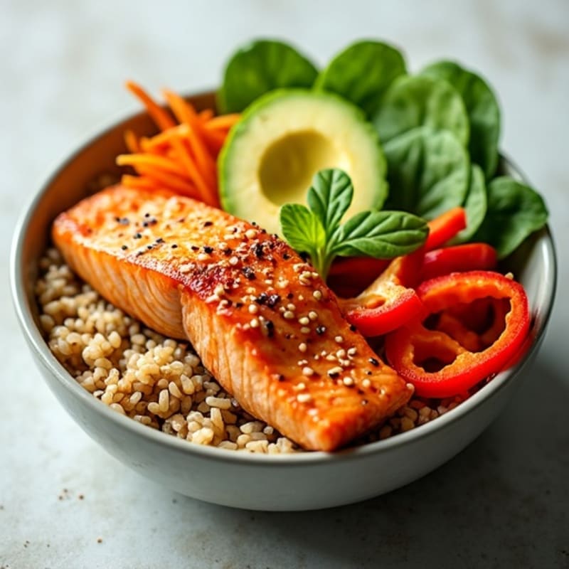 Spicy Sesame Salmon Rice Bowl with Fresh Avocado and Crunchy Vegetables