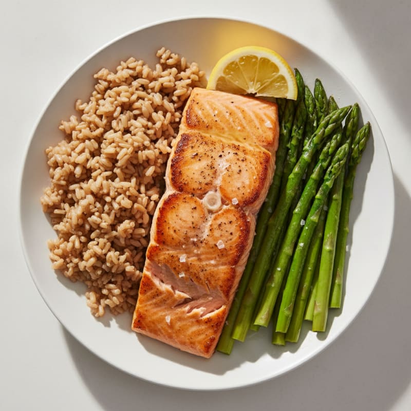 Seared Salmon with Steamed Asparagus and Brown Rice