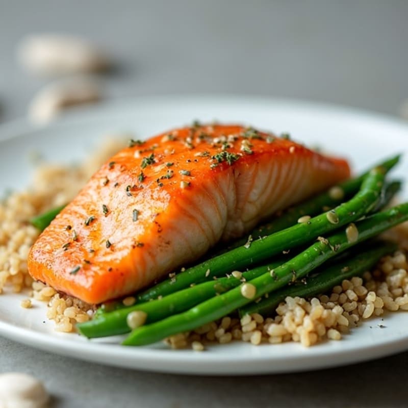 Seared Salmon with Garlic Green Beans and Brown Rice