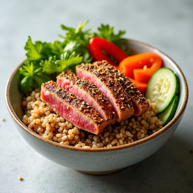 Sesame-Crusted Tuna Rice Bowl with Fresh Vegetables
