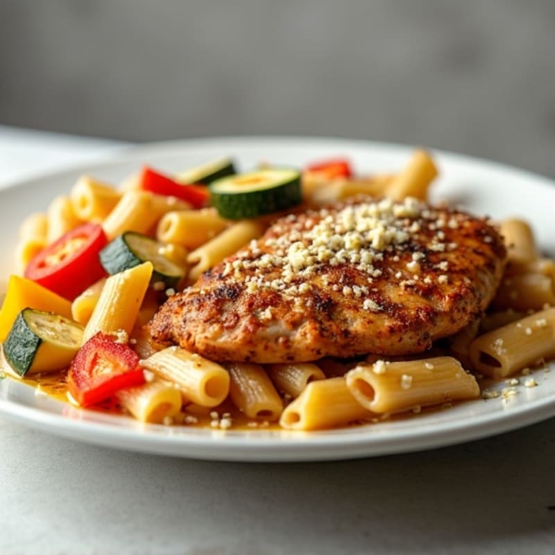 Spicy Cajun Chicken with Creamy Pasta and Roasted Veggies