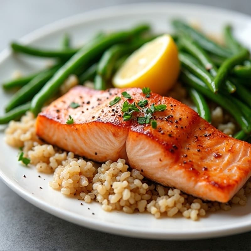 Seared Salmon Fillet with Garlic Green Beans and Brown Rice