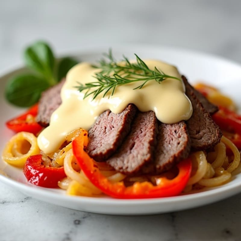 Lean Sliced Beef with Sautéed Peppers, Onions, and Creamy Cheese Sauce