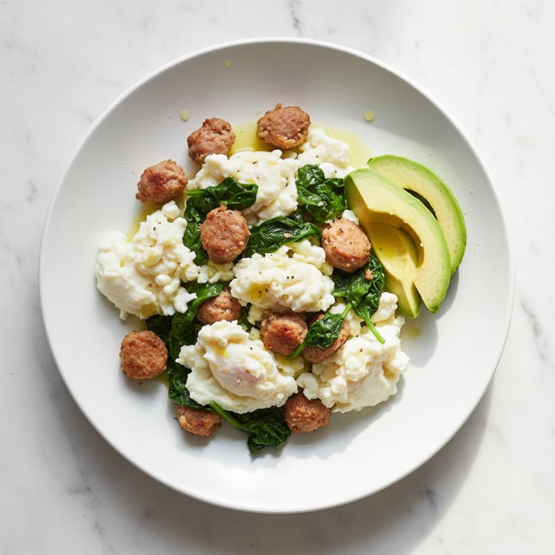 Scrambled Egg Whites with Chicken Sausage and Sautéed Spinach