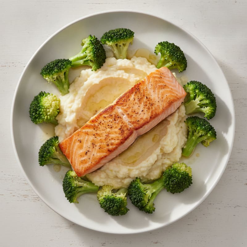 Seared Salmon with Steamed Broccoli and Cauliflower Mash
