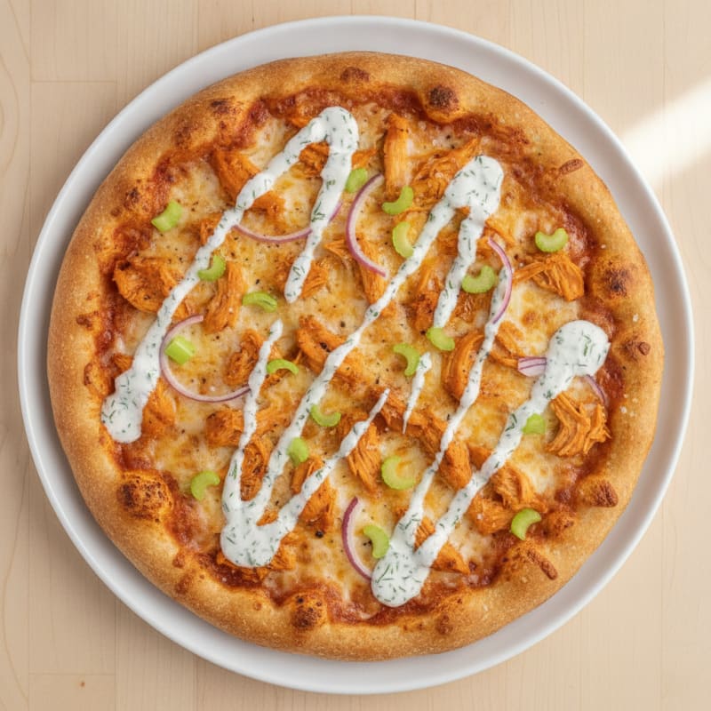 Buffalo Chicken Pizza with Ranch Drizzle
