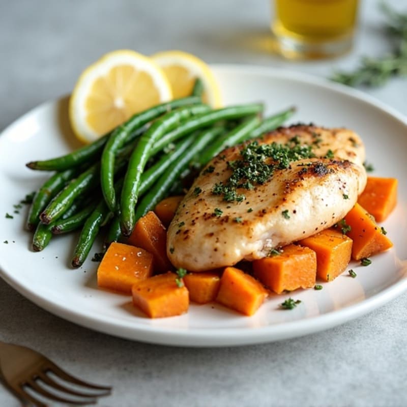 Lemon Herb Roasted Chicken with Sweet Potatoes and Crispy Green Beans