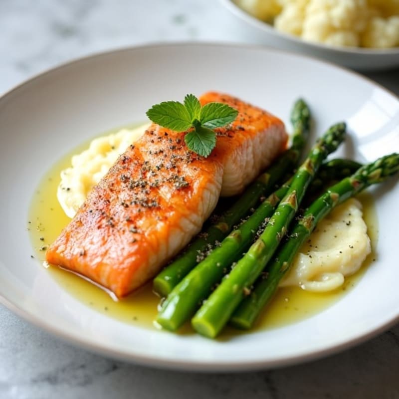 Seared Salmon with Steamed Asparagus and Garlic Cauliflower Mash