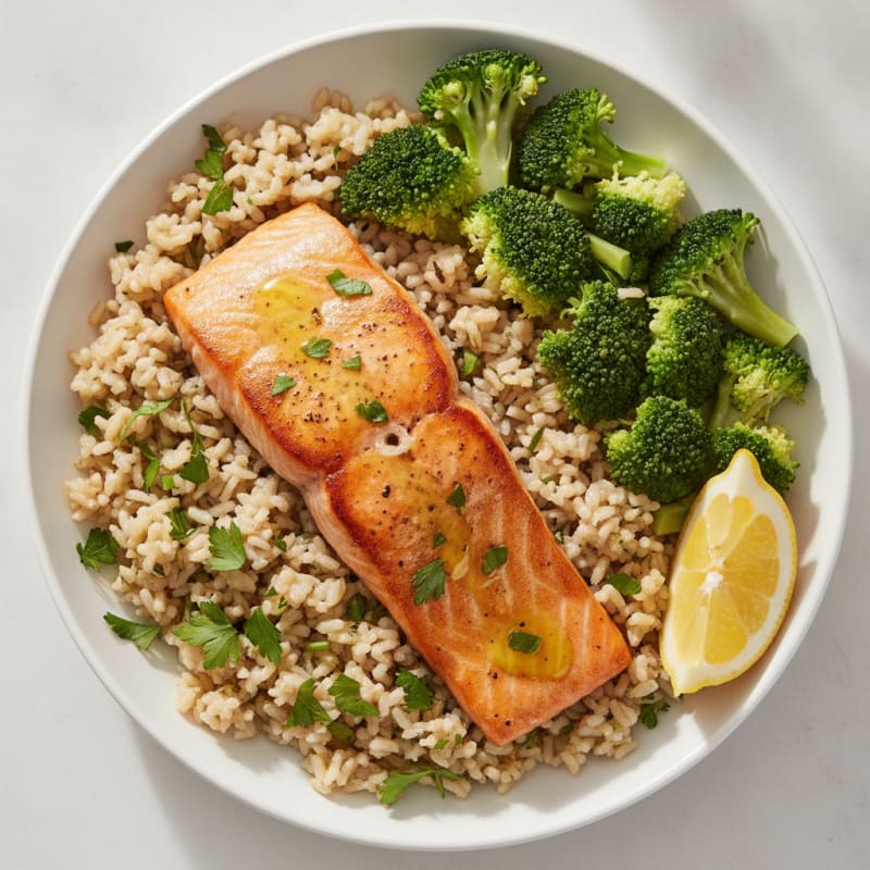Seared Salmon with Steamed Broccoli and Herb Rice