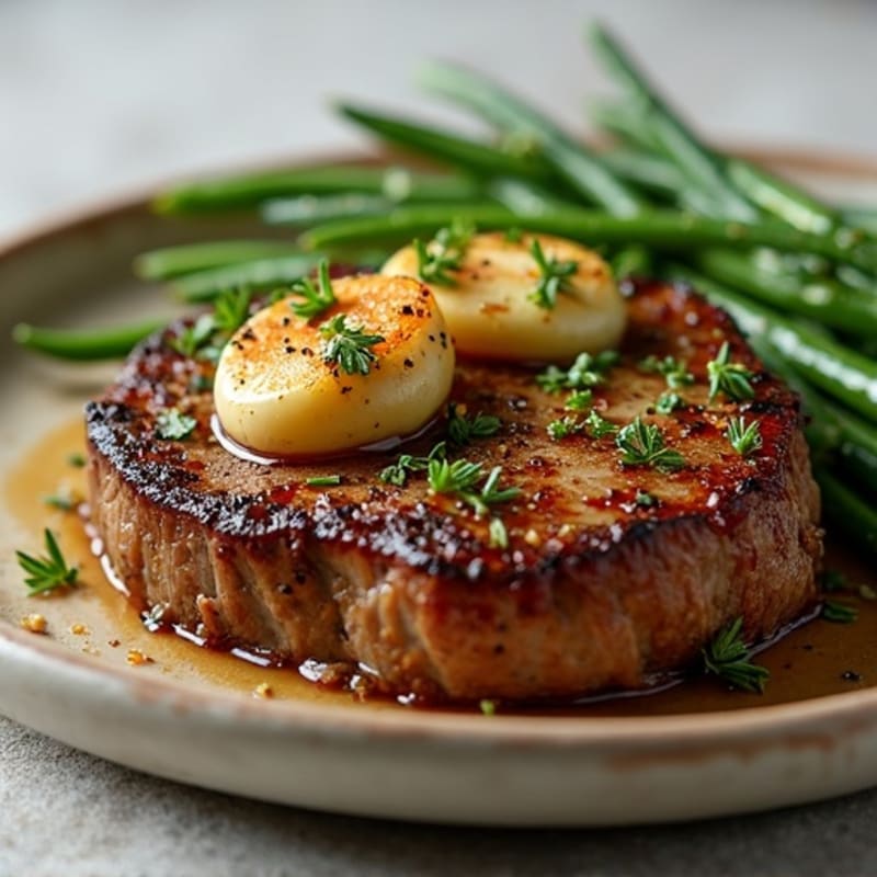 Herb-Crusted Pan Seared Steak with Roasted Garlic