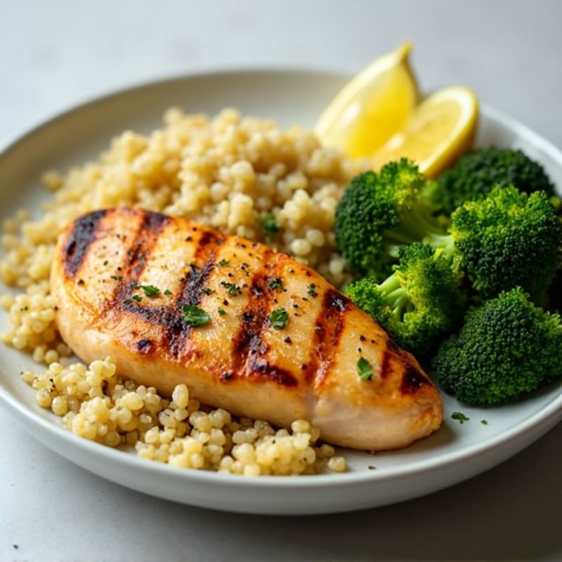 Grilled Lemon Garlic Chicken Breast with Quinoa and Steamed Broccoli