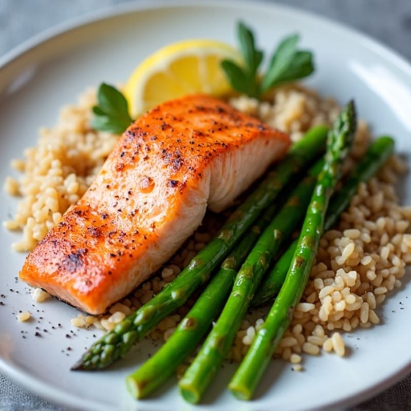 Seared Salmon with Steamed Asparagus and Brown Rice