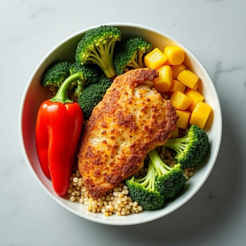 Crispy Chicken and Roasted Veggie Bowl with Zesty Dressing