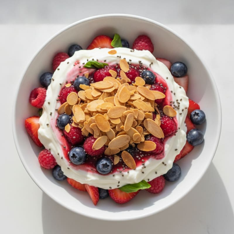 Vanilla Greek Yogurt Protein Parfait with Mixed Berries and Almonds