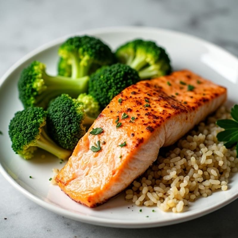Seared Salmon with Steamed Broccoli and Lemon Herb Brown Rice