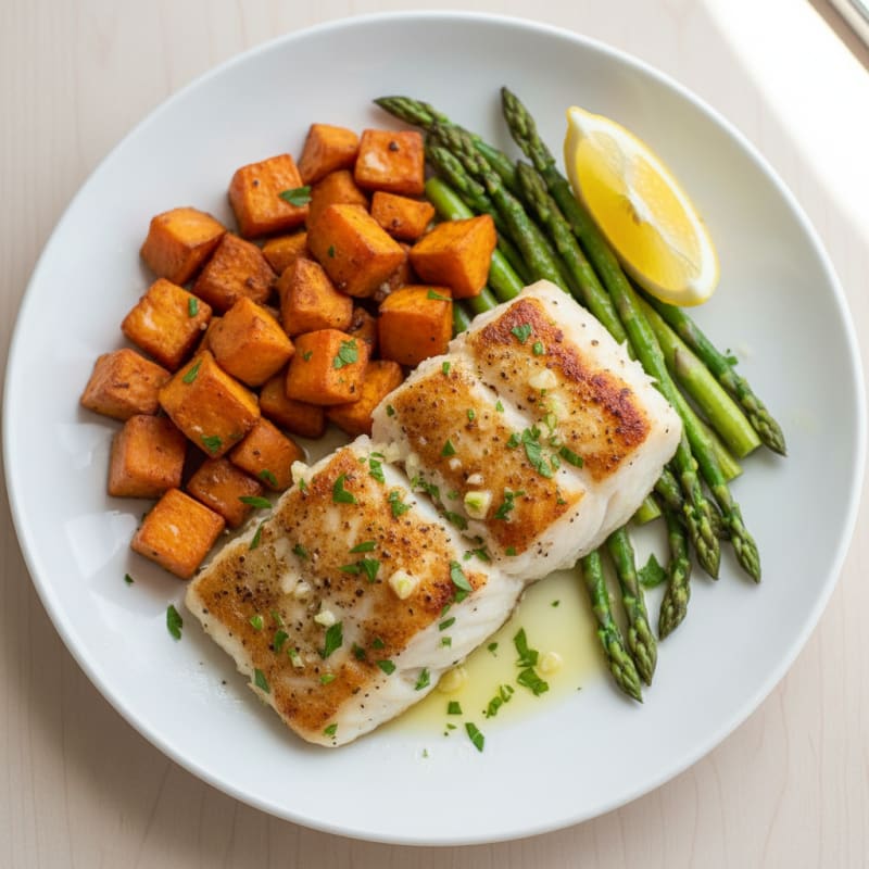 Seared Garlic Herb Cod with Roasted Sweet Potato and Asparagus