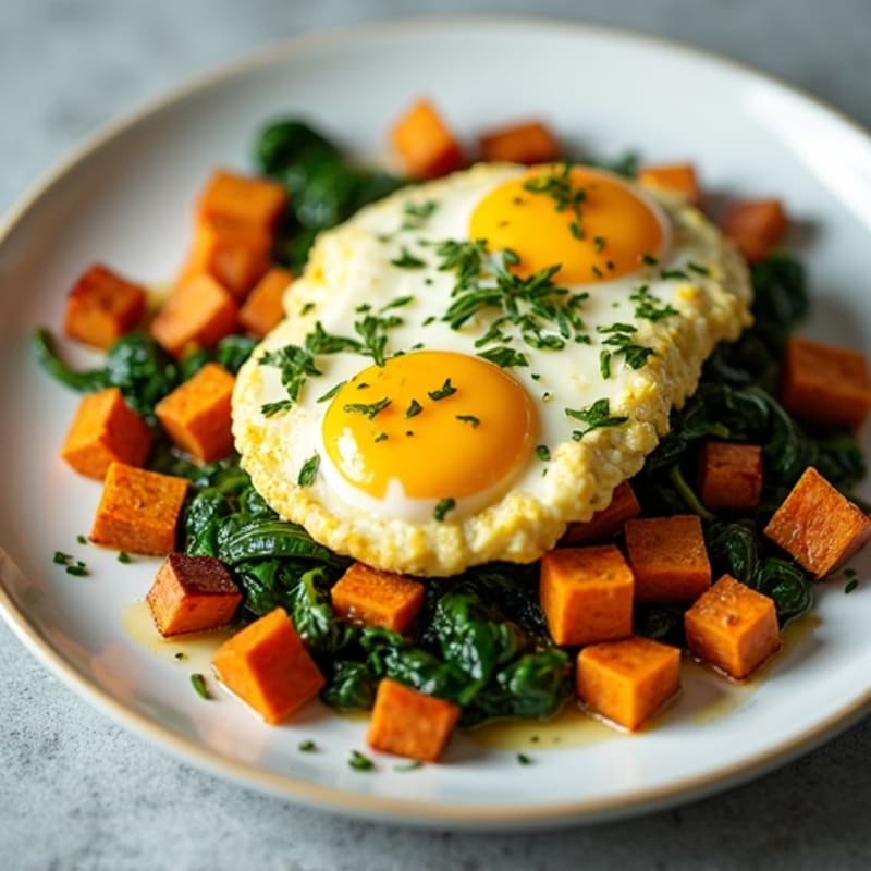 Cottage Cheese Egg White Scramble with Spinach and Roasted Sweet Potatoes