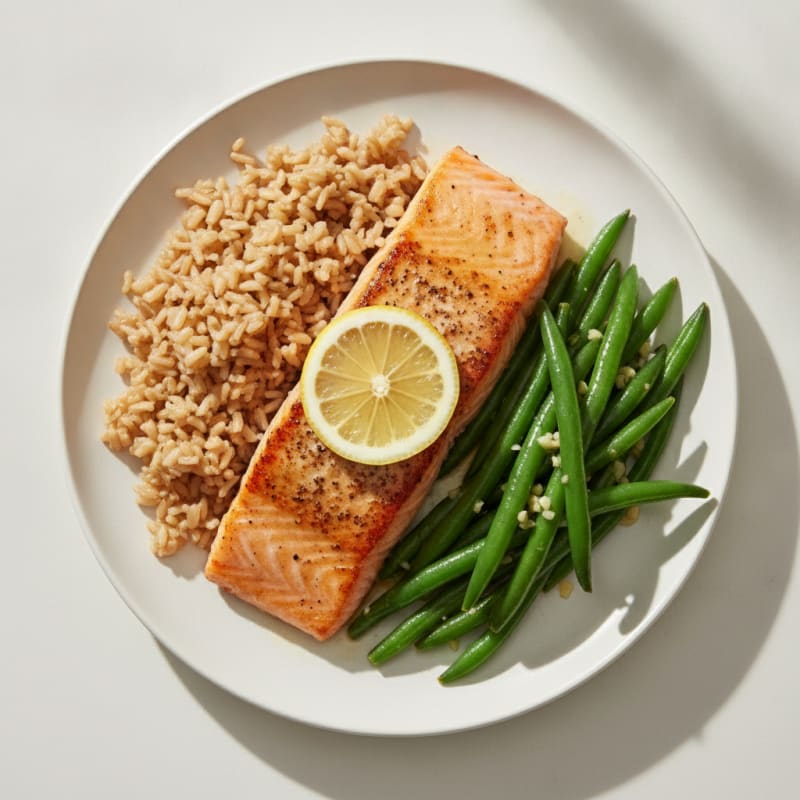 Seared Salmon with Garlic Green Beans and Brown Rice