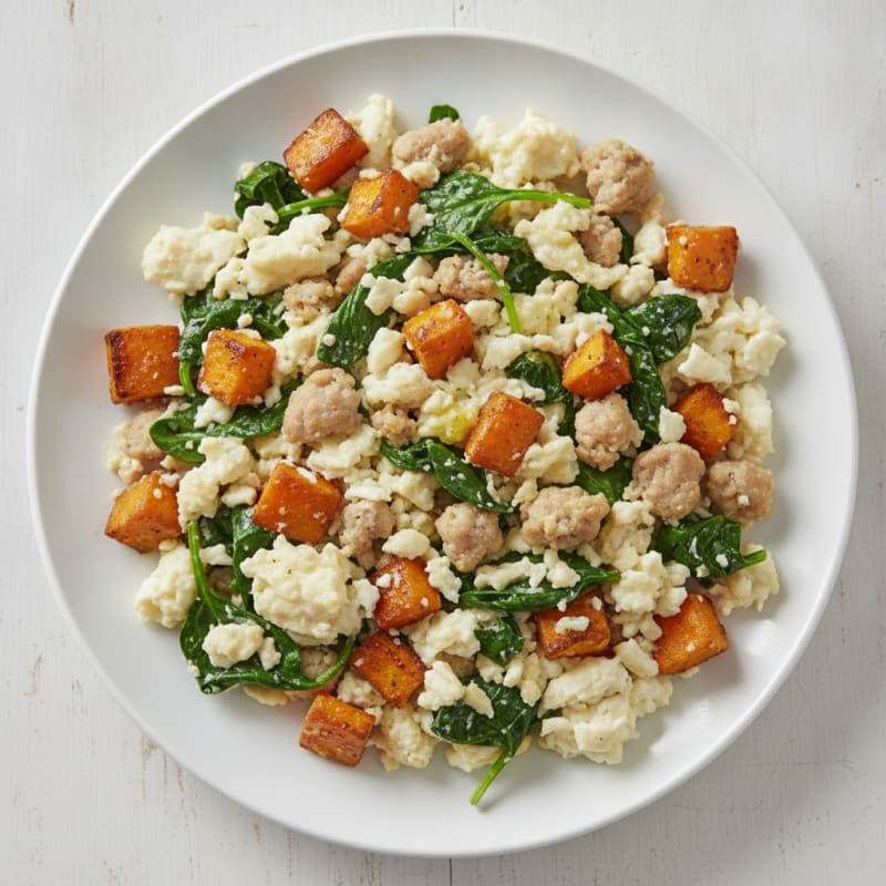 Egg White and Turkey Sausage Scramble with Spinach and Roasted Sweet Potato