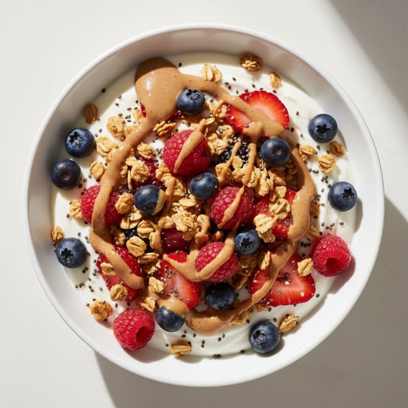 Creamy Greek Yogurt Parfait with Mixed Berries, Chia Seeds, and Almond Butter