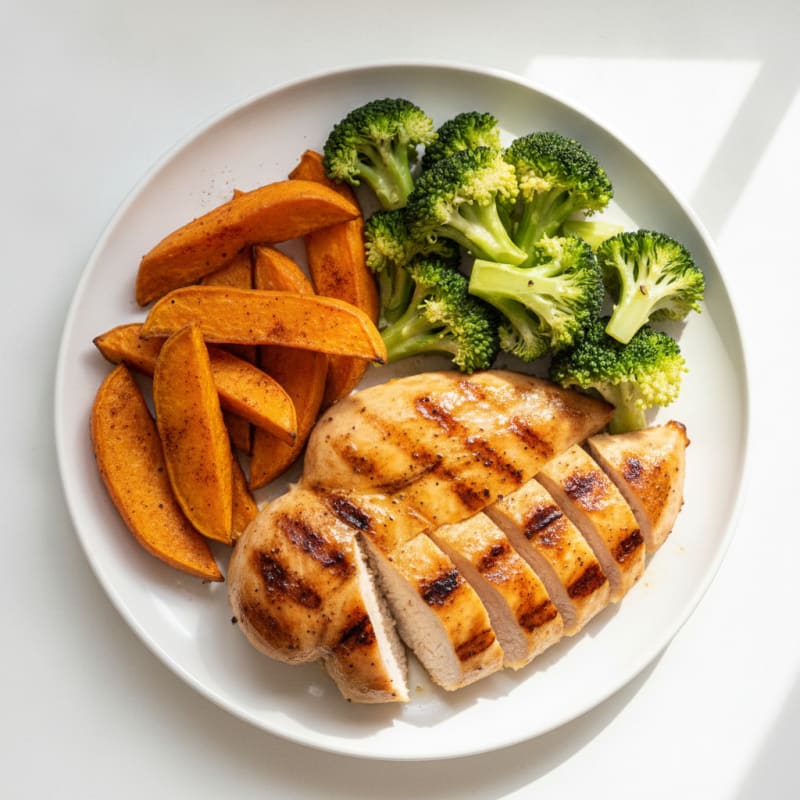 Grilled Chicken Breast with Roasted Sweet Potato and Steamed Broccoli