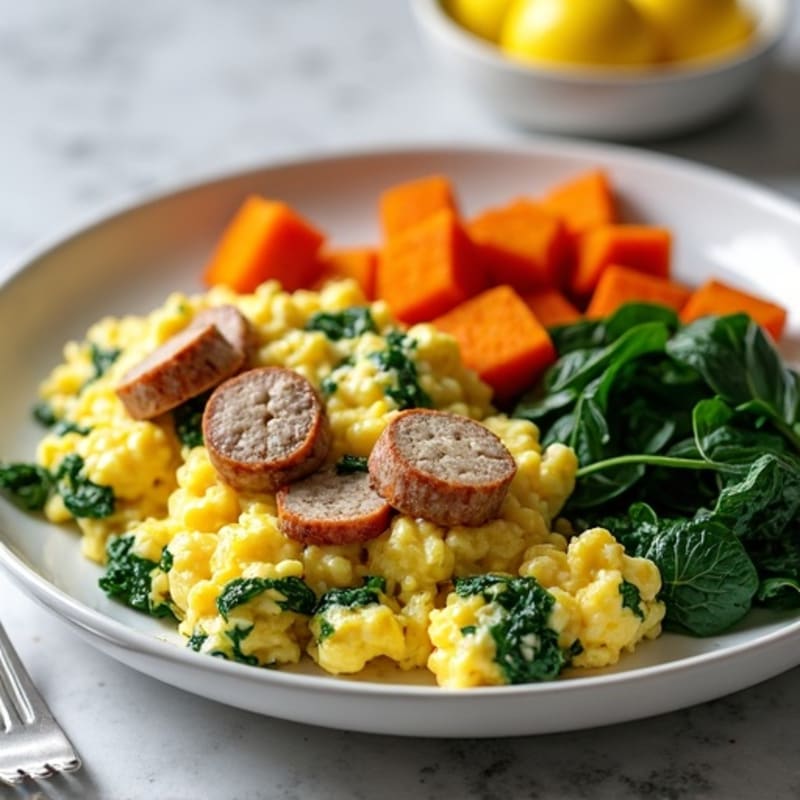 Egg White and Chicken Sausage Scramble with Spinach and Roasted Sweet Potatoes