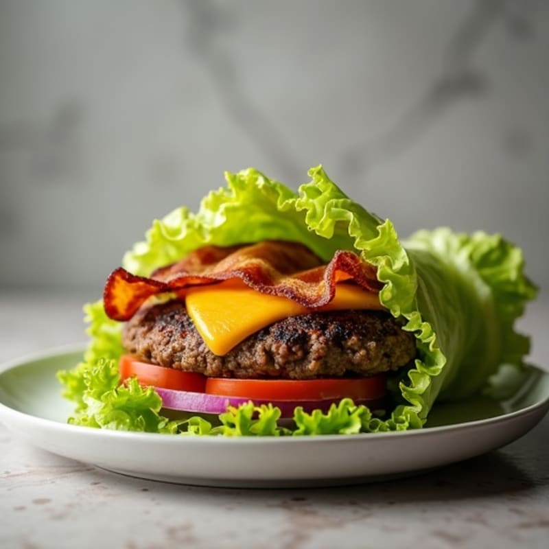 Lean Beef Burger Lettuce Wraps with Crispy Bacon and Melted Cheddar