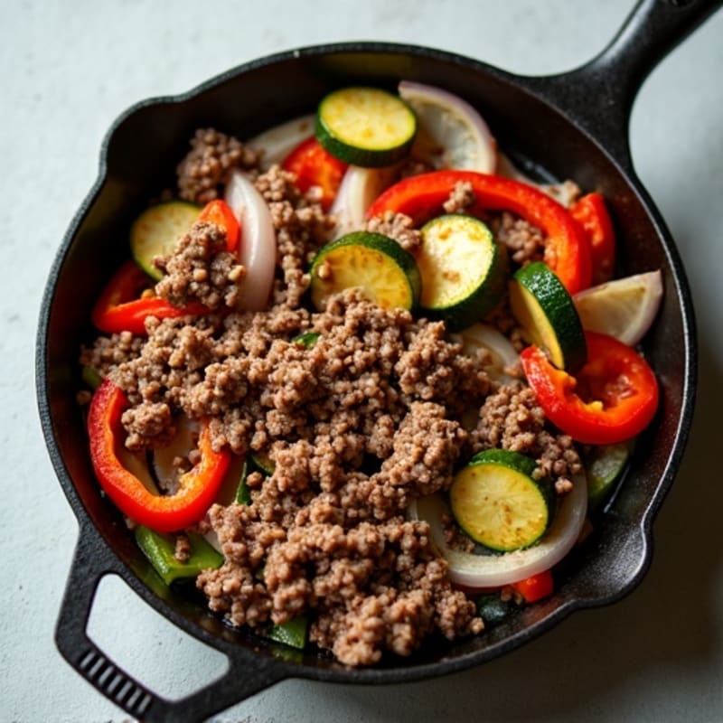 Lean Ground Beef and Roasted Vegetable Skillet