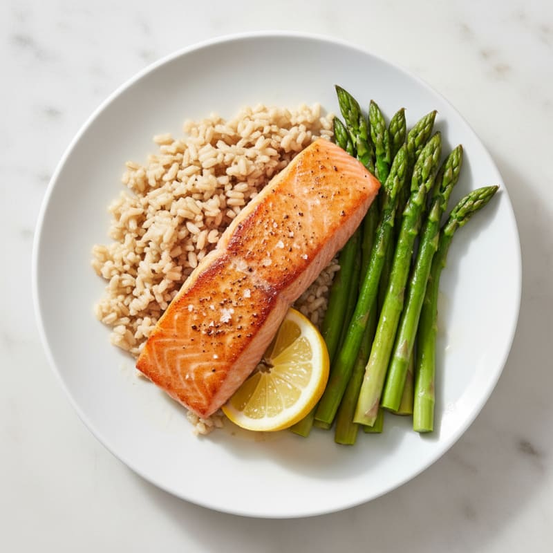 Pan-Seared Salmon with Steamed Asparagus and Brown Rice