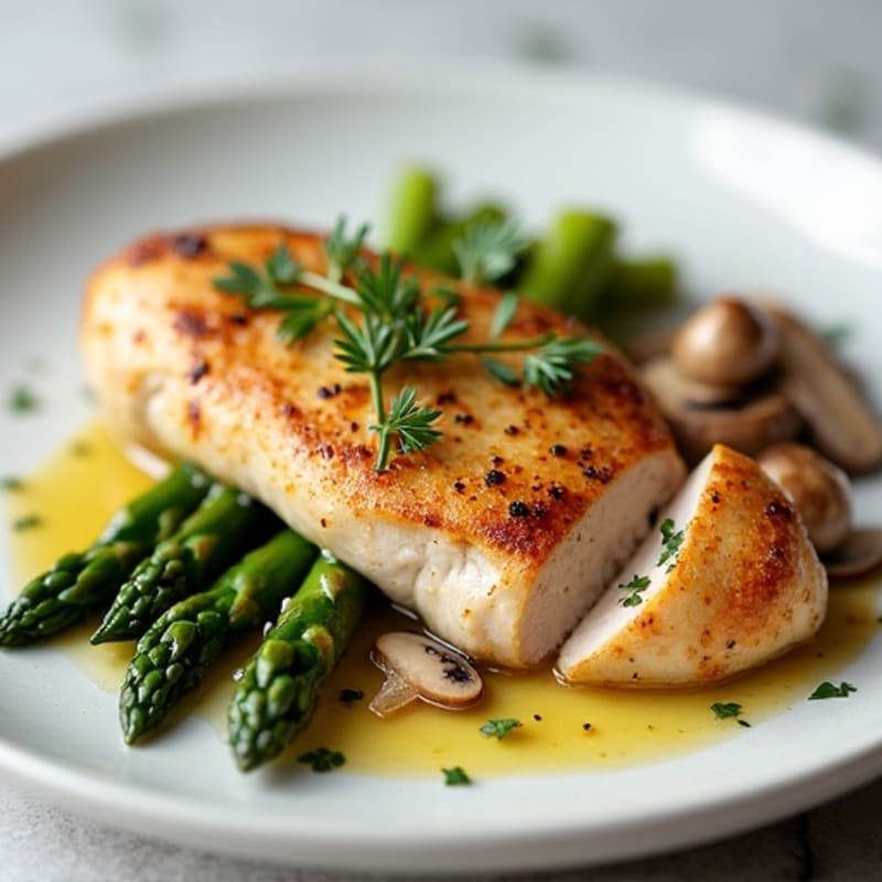 Seared Turkey Breast with Steamed Asparagus and Garlic Mushrooms