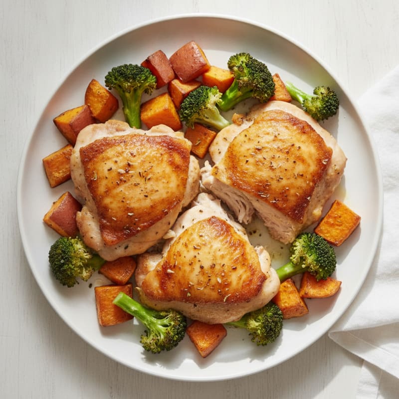 Roasted Chicken Thighs with Sweet Potato and Broccoli