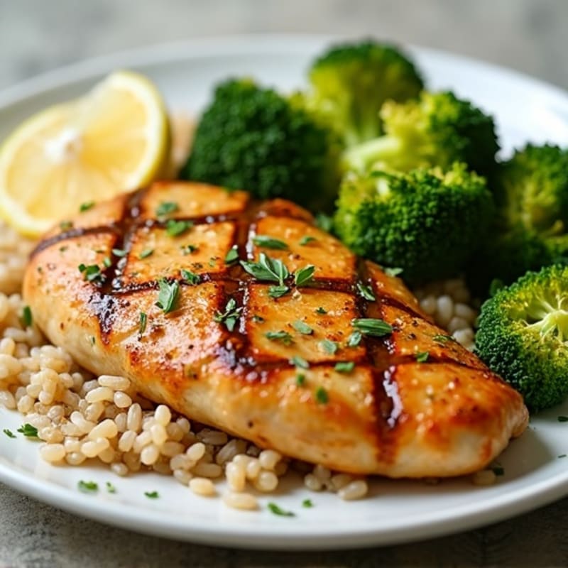 Lemon Herb Roasted Chicken with Fluffy Brown Rice and Roasted Broccoli