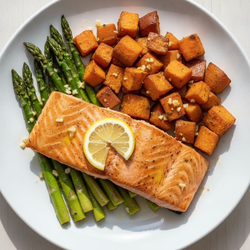 Seared Salmon Fillet with Roasted Sweet Potato and Asparagus