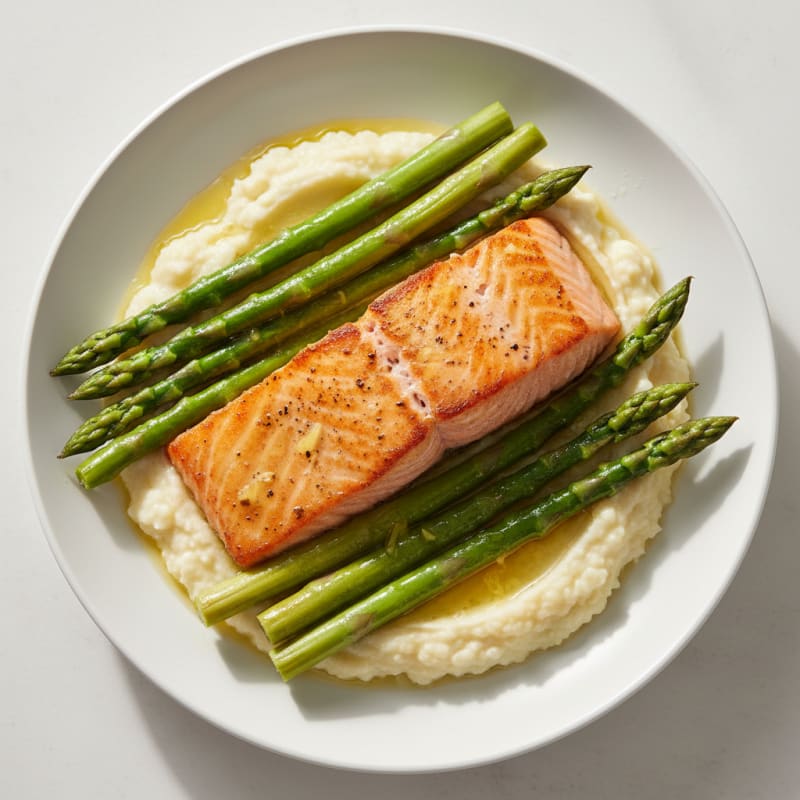 Seared Salmon with Steamed Asparagus and Cauliflower Mash