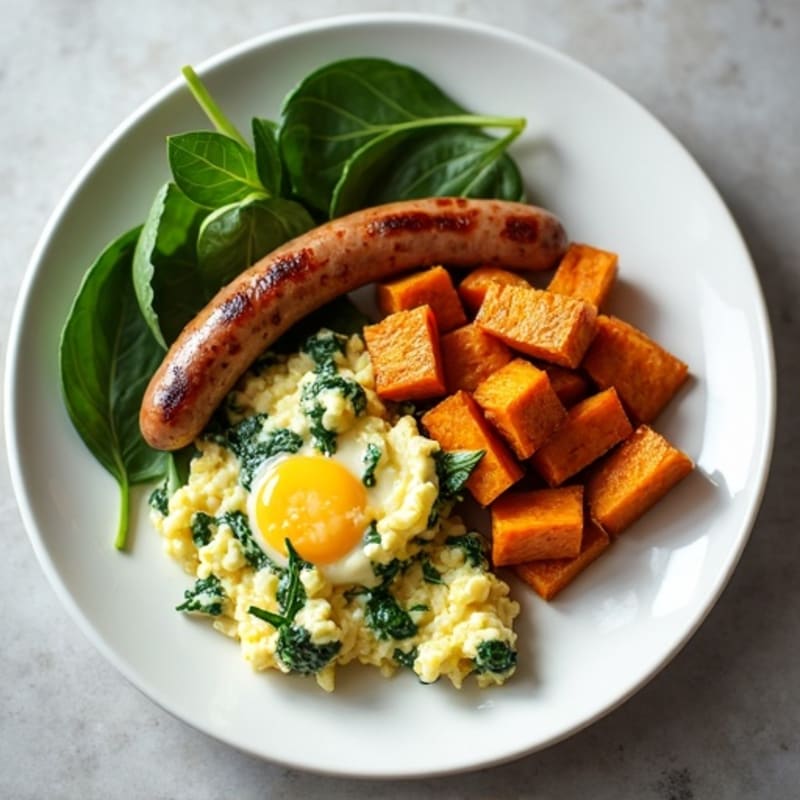 Egg White Spinach Scramble with Turkey Sausage and Roasted Sweet Potatoes