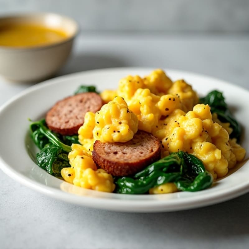 Egg White and Turkey Sausage Scramble with Sautéed Spinach