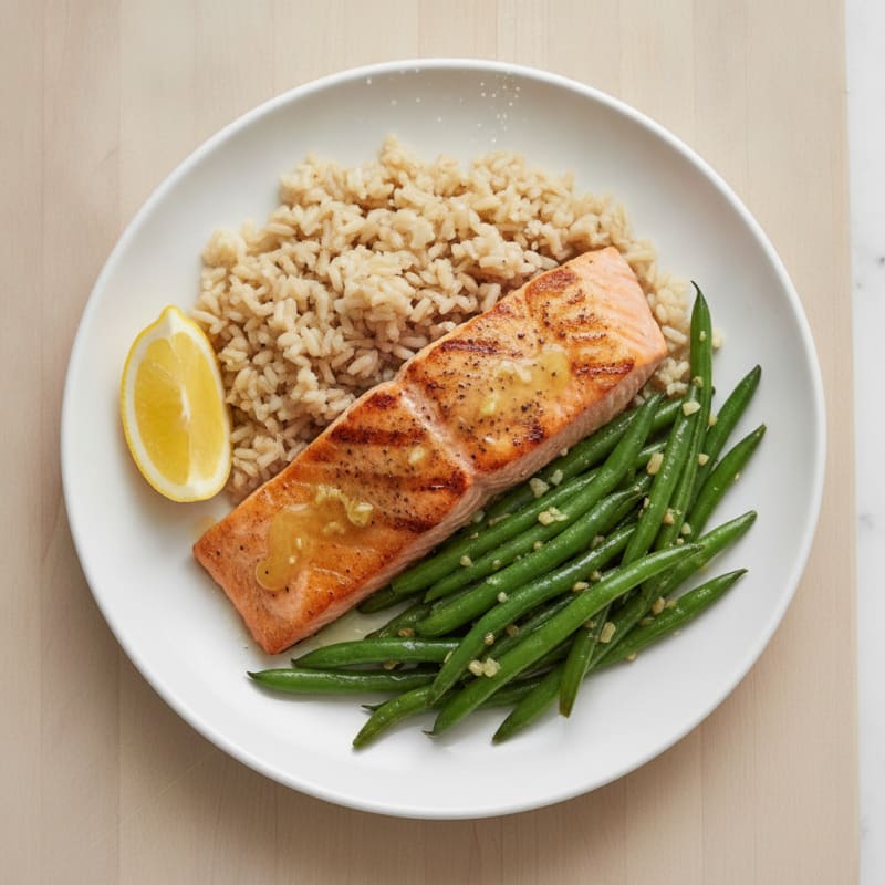 Seared Salmon with Garlic Green Beans and Brown Rice