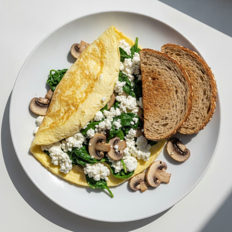 Egg White Spinach Omelette with Cottage Cheese and Sautéed Mushrooms