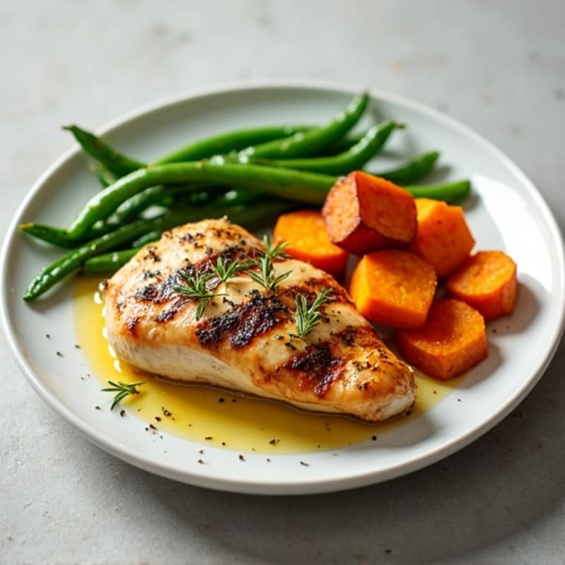 Herb-Roasted Chicken with Crispy Sweet Potatoes and Tender Green Beans