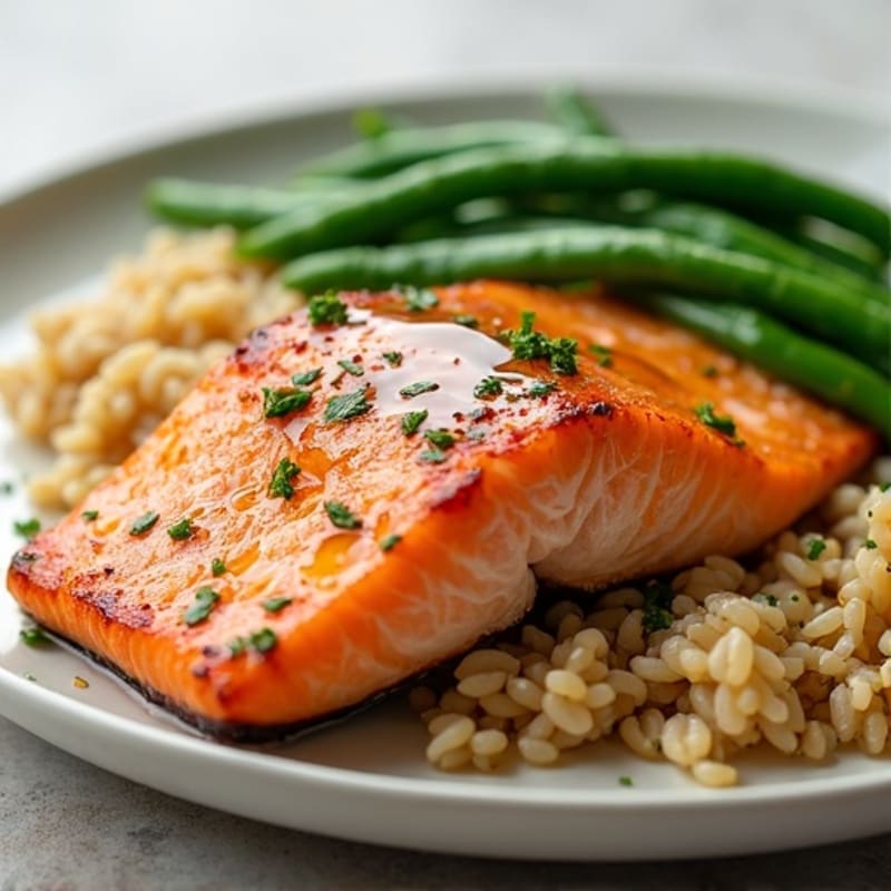 Seared Salmon Fillet with Steamed Brown Rice and Garlic Green Beans