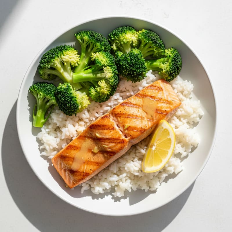 Pan-Seared Salmon with Steamed Rice and Steamed Broccoli