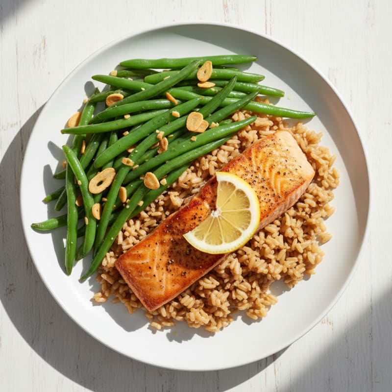 Seared Salmon Fillet with Garlic Green Beans and Brown Rice