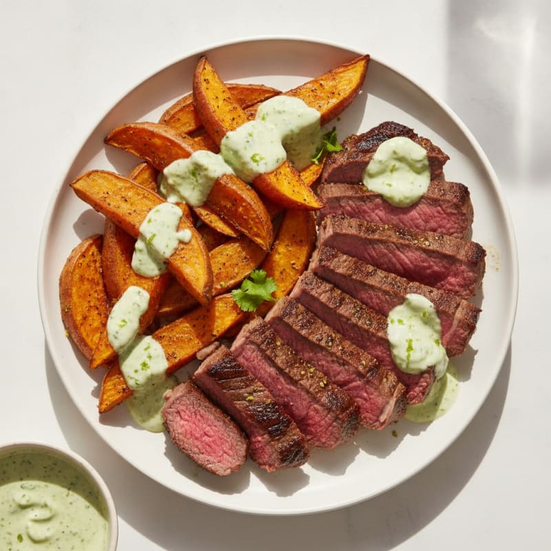 Seared Steak with Roasted Sweet Potatoes and Jalapeño Yogurt Sauce