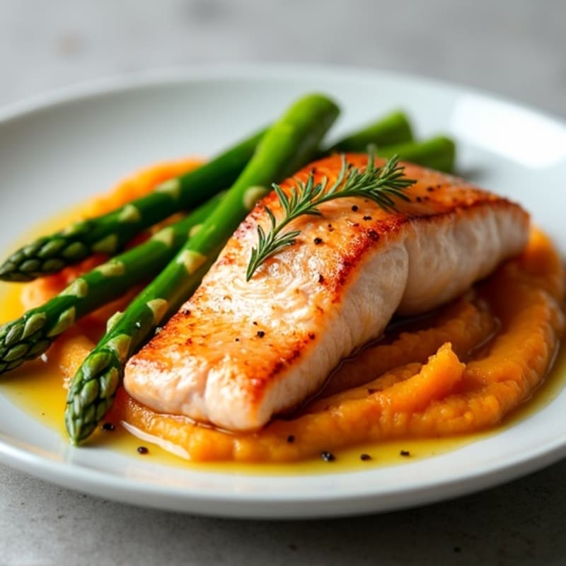 Seared Salmon with Steamed Asparagus and Sweet Potato Mash